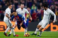 BARCELONA, SPAIN - DECEMBER 03: Neymar Santos Jr (2nd L) of FC Barcelona falls between Lucas Vazquez (L), Daniel Carvajal (2nd R) and Francisco Alarcon 'Isco' (R) during the La Liga match between FC Barcelona and Real Madrid CF at Camp Nou stadium on December 3, 2016 in Barcelona, Spain. (Photo by Alex Caparros/Getty Images)