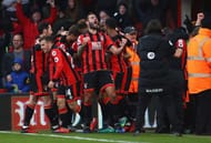 BOURNEMOUTH, ENGLAND - DECEMBER 04: Steve Cook of AFC Bournemouth (3) celebrates with team mates as Nathan Ake of AFC Bournemouth scores their fourth goal during the Premier League match between AFC Bournemouth and Liverpool at Vitality Stadium on December 4, 2016 in Bournemouth, England. (Photo by Michael Steele/Getty Images)