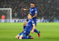 LEICESTER, ENGLAND - DECEMBER 10: Andy King of Leicester City celebrates scoring his sides second goal with Danny Simpson of Leicester City during the Premier League match between Leicester City and Manchester City at the King Power Stadium on December 10, 2016 in Leicester, England. (Photo by Christopher Lee/Getty Images)