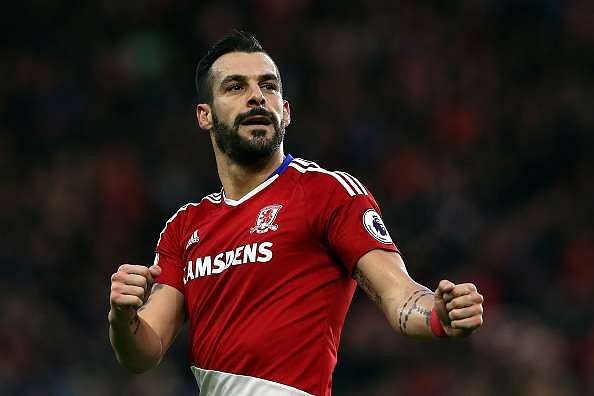 MIDDLESBROUGH, ENGLAND - DECEMBER 17: Alvaro Negredo of Middlesbrough celebrates scoring his sides second goal during the Premier League match between Middlesbrough and Swansea City at Riverside Stadium on December 17, 2016 in Middlesbrough, England.  (Photo by Nigel Roddis/Getty Images)