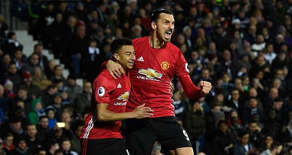 WEST BROMWICH, ENGLAND - DECEMBER 17:  Zlatan Ibrahimovic of Manchester United (R) celebrates scoring his sides first goal with Jesse Lingard of Manchester United (L) during the Premier League match between West Bromwich Albion and Manchester United at The Hawthorns on December 17, 2016 in West Bromwich, England. (Photo by Stu Forster/Getty Images)