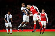 LONDON, ENGLAND - DECEMBER 26: Granit Xhaka of Arsenal jumps for the ball with Jose Salomon Rondon of West Bromwich Albion during the Premier League match between Arsenal and West Bromwich Albion at Emirates Stadium on December 26, 2016 in London, England. (Photo by Julian Finney/Getty Images)