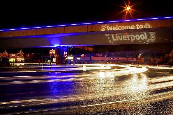 LIVERPOOL, UNITED KINGDOM - JANUARY 04: The Rocket fly over at the end of the M62 motorway has been given a night-time lighting makeover to welcome visitors to Liverpool as it celebrates European City of Culture 2008. January 4, 2008. The city has invested  millions of pounds in it&#039;s events as European Capital of Culture in 2008.  (Photo by Christopher Furlong/Getty Images)