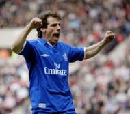 SUNDERLAND - APRIL 5: Gianfranco Zola of Chelsea celebrates scoring the equalising goal during the FA Barclaycard Premiership match between Sunderland and Chelsea held on April 5, 2003 at the Stadium of Light, in Sunderland, England. Chelsea won the match 2-1. (Photo by Gary M. Prior/Getty Images)