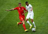BELO HORIZONTE, BRAZIL - JUNE 17: Toby Alderweireld of Belgium and Riyad Mahrez of Algeria battle for the ball during the 2014 FIFA World Cup Brazil Group H match between Belgium and Algeria at Estadio Mineirao on June 17, 2014 in Belo Horizonte, Brazil. (Photo by Quinn Rooney/Getty Images)