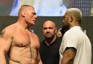 LAS VEGAS, NV - JULY 08: UFC President Dana White (C) looks on as mixed martial artists Brock Lesnar (L) and Mark Hunt (R) face off during their weigh-in for UFC 200 at T-Mobile Arena on July 8, 2016 in Las Vegas, Nevada. The fighters will meet in a heavyweight bout on July 9 at T-Mobile Arena. (Photo by Ethan Miller/Getty Images)