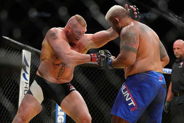 LAS VEGAS, NV - JULY 9: Brock Lesnar looks to take down Mark Hunt during the UFC 200 event at T-Mobile Arena on July 9, 2016 in Las Vegas, Nevada. (Photo by Rey Del Rio/Getty Images)