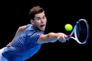 LONDON, ENGLAND - NOVEMBER 17: Dominic Thiem of Austria plays a backhand in his men's singles match against Milos Raonic of Canada on day five of the ATP World Tour Finals at O2 Arena on November 17, 2016 in London, England. (Photo by Justin Setterfield/Getty Images)
