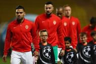 MONACO - NOVEMBER 22: Radamel Falcao (L) the captain of Monaco leads his team onto the field during the UEFA Champions League Group E match between AS Monaco FC and Tottenham Hotspur FC at Louis II Stadium on November 22, 2016 in Monaco, . (Photo by Michael Steele/Getty Images)