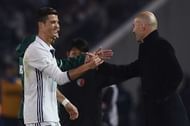 YOKOHAMA, JAPAN - DECEMBER 18: Cristiano Ronaldo of Real Madrid shakes hands with Real Madrid coach Zinedine Zidane during the FIFA Club World Cup final match between Real Madrid and Kashima Antlers at International Stadium Yokohama on December 18, 2016 in Yokohama, Japan. (Photo by Matt Roberts/Getty Images)