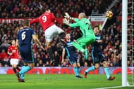 MANCHESTER, ENGLAND - DECEMBER 31: Zlatan Ibrahimovic of Manchester United scores but has the goal disallowed after he collides with Goalkeeper, Victor Valdes of Middlesbrough during the Premier League match between Manchester United and Middlesbrough at Old Trafford on December 31, 2016 in Manchester, England. (Photo by Alex Livesey/Getty Images)