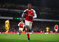 LONDON, ENGLAND - JANUARY 01: Alex Iwobi of Arsenal celebrates after scoring his team's second goal during the Premier League match between Arsenal and Crystal Palace at the Emirates Stadium on January 1, 2017 in London, England. (Photo by Clive Mason/Getty Images)