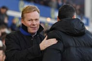 LIVERPOOL, ENGLAND - JANUARY 02: Ronald Koeman, Manager of Everton (L) and Claude Puel, Manager of Southampton (R) embrace prior to the Premier League match between Everton and Southampton at Goodison Park on January 2, 2017 in Liverpool, England. (Photo by Gareth Copley/Getty Images)