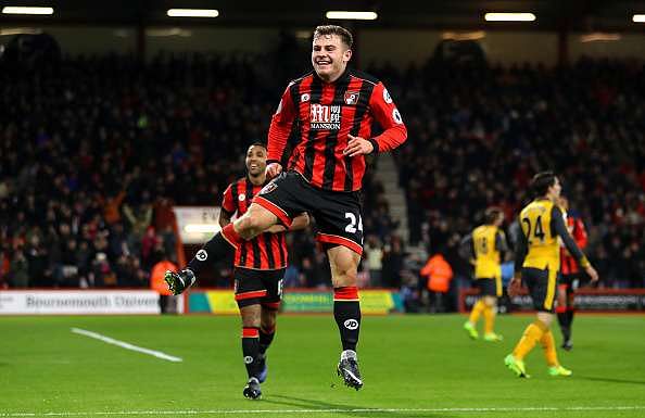 BOURNEMOUTH, ENGLAND - JANUARY 03: Ryan Fraser of AFC Bournemouth celebrates scoring his team&#039;s third goal during the Premier League match between AFC Bournemouth and Arsenal at Vitality Stadium on January 3, 2017 in Bournemouth, England.  (Photo by Warren Little/Getty Images)