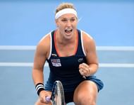 BRISBANE, AUSTRALIA - JANUARY 04: Dominika Cibulkova of Slovakia celebrates victory after her match against Shuai Zhang of China on day four of the 2017 Brisbane International at Pat Rafter Arena on January 4, 2017 in Brisbane, Australia. (Photo by Bradley Kanaris/Getty Images)
