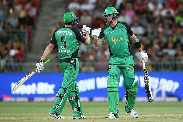 SYDNEY, AUSTRALIA - JANUARY 04:  Kevin Pietersen of the Stars celebrates with team mate James Faulkner after scoring a half century during the Big Bash League match between the Sydney Thunder and Melbourne Stars at Spotless Stadium on January 4, 2017 in Sydney, Australia.  (Photo by Mark Metcalfe/Getty Images)