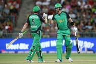 SYDNEY, AUSTRALIA - JANUARY 04: Kevin Pietersen of the Stars celebrates with team mate James Faulkner after scoring a half century during the Big Bash League match between the Sydney Thunder and Melbourne Stars at Spotless Stadium on January 4, 2017 in Sydney, Australia. (Photo by Mark Metcalfe/Getty Images)