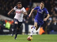 LONDON, ENGLAND - JANUARY 04: Kyle Walker of Tottenham Hotspur (L) takes the ball past Nemanja Matic of Chelsea (R) during the Premier League match between Tottenham Hotspur and Chelsea at White Hart Lane on January 4, 2017 in London, England. (Photo by Clive Rose/Getty Images)