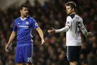 LONDON, ENGLAND - JANUARY 04: Diego Costa of Chelsea (L) and Eric Dier of Tottenham Hotspur (R) exchange wrords during the Premier League match between Tottenham Hotspur and Chelsea at White Hart Lane on January 4, 2017 in London, England. (Photo by Julian Finney/Getty Images)