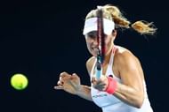 BRISBANE, AUSTRALIA - JANUARY 05: Angelique Kerber of Germany plays a forehand during her quarter final match against Elina Svitolina of the Ukraine during day five of the 2017 Brisbane International at Pat Rafter Arena on January 5, 2017 in Brisbane, Australia. (Photo by Chris Hyde/Getty Images)