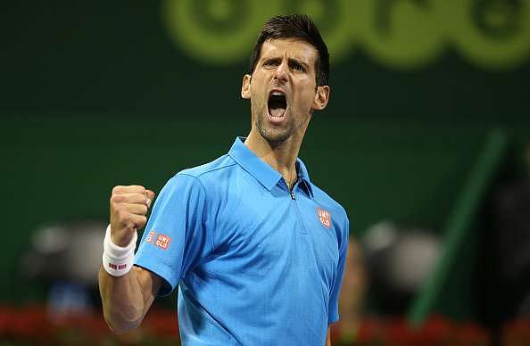 DOHA, QATAR - JANUARY 7 : Novak Djokovic of Serbia reacts after winning a point against Andy Murray of Great Britain during the men&#039;s singles final match of the ATP Qatar Open tennis competition held at the Khalifa International Tennis Complex on January 7, 2017 in Doha, Qatar. (Photo by AK BijuRaj/Getty Images)
