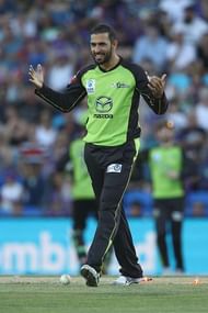HOBART, AUSTRALIA - JANUARY 08: Fawad Ahmed of the Thunder celebrates running out Ben McDermott of the Hurricanes during the Big Bash League match between the Hobart Hurricanes and the Sydney Thunder at Blundstone Arena on January 8, 2017 in Hobart, Australia. (Photo by Mark Kolbe/Getty Images)