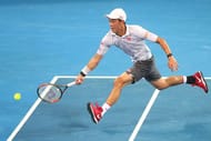 BRISBANE, AUSTRALIA - JANUARY 08: Kei Nishikori of Japan plays a forehand in the Men's Final match against Grigor Dimitrov of Bulgaria during day eight of the Brisbane international at Pat Rafter Arena on January 8, 2017 in Brisbane, Australia. (Photo by Chris Hyde/Getty Images)