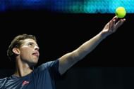 SYDNEY, AUSTRALIA - JANUARY 09: Dominic Thiem of Austria serves during the Fast4 International Exhibition match between Dominic Thiem and Bernard Tomic at the ICC Sydney Theatre on January 9, 2017 in Sydney, Australia (Photo by Jason McCawley/Getty Images)