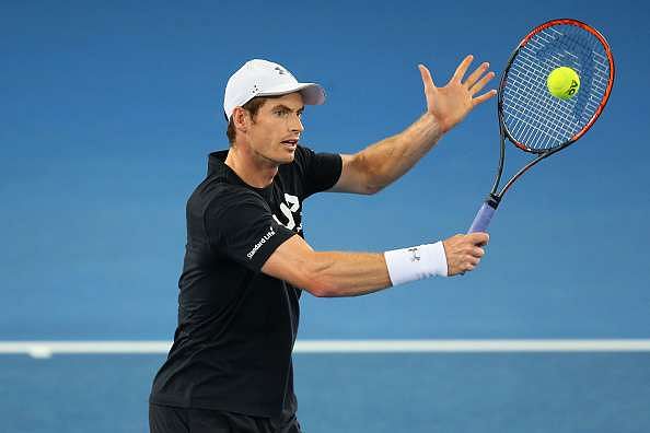 MELBOURNE, AUSTRALIA - JANUARY 13:  Andy Murray of Great Britain plays a backhand during a practice session ahead of the 2017 Australian Open at Melbourne Park on January 13, 2017 in Melbourne, Australia.  (Photo by Michael Dodge/Getty Images)