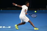 MELBOURNE, AUSTRALIA - JANUARY 13: Gael Monfils of France plays a backhand during a practice session ahead of the 2017 Australian Open at Melbourne Park on January 13, 2017 in Melbourne, Australia. (Photo by Michael Dodge/Getty Images)