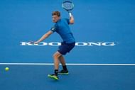 MELBOURNE, AUSTRALIA - JANUARY 13: David Goffin of Belgium plays a forehand shot in the mens final against Ivo Karlovic of Croatia during day four of the 2017 Priceline Pharmacy Classic at Kooyong on January 13, 2017 in Melbourne, Australia. (Photo by Darrian Traynor/Getty Images)