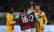 LONDON, ENGLAND - JANUARY 14: Mark Noble of West Ham United (CL) holds back Sam Byram of West Ham United (C) as he looks to confront Joel Ward of Crystal Palace (R) during the Premier League match between West Ham United and Crystal Palace at London Stadium on January 14, 2017 in London, England. (Photo by Shaun Botterill/Getty Images)