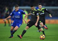 LEICESTER, ENGLAND - JANUARY 14: Pedro of Chelsea is closed down by Marc Albrighton of Leicester City during the Premier League match between Leicester City and Chelsea at The King Power Stadium on January 14, 2017 in Leicester, England. (Photo by Michael Regan/Getty Images)