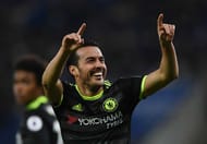 LEICESTER, ENGLAND - JANUARY 14: Pedro (R) of Chelsea celebrates after scoring his team's third goal during the Premier League match between Leicester City and Chelsea at The King Power Stadium on January 14, 2017 in Leicester, England. (Photo by Laurence Griffiths/Getty Images)