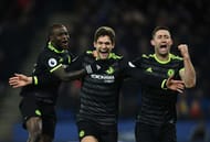 LEICESTER, ENGLAND - JANUARY 14: Marcos Alonso of Chelsea celebrates his second goal alongside Victor Moses (L) and Gary Cahill (R) during the Premier League match between Leicester City and Chelsea at The King Power Stadium on January 14, 2017 in Leicester, England. (Photo by Laurence Griffiths/Getty Images)