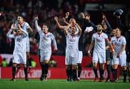 SEVILLE, SPAIN - JANUARY 15: (L-R) Adil Rami, Victor Machin Perez 'Vitolo', Stevan Jovetic and Sergio Escudero of Sevilla FC celebrates after winning the match against Real Madrid CF during the La Liga match between Sevilla FC and Real Madrid CF at Estadio Ramon Sanchez Pizjuan on January 15, 2017 in Seville, Spain. (Photo by Aitor Alcalde/Getty Images)