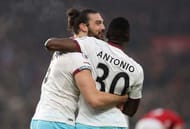 MIDDLESBROUGH, ENGLAND - JANUARY 21: Andy Carroll of West Ham United (L) celebrates scoring his sides first goal with Michail Antonio of West Ham United (R) during the Premier League match between Middlesbrough and West Ham United at the Riverside Stadium on January 21, 2017 in Middlesbrough, England. (Photo by Ian MacNicol/Getty Images)
