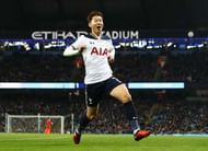 MANCHESTER, ENGLAND - JANUARY 21: Heung-Min Son of Tottenham Hotspur (C) celebrates scoring his sides second goal during the Premier League match between Manchester City and Tottenham Hotspur at the Etihad Stadium on January 21, 2017 in Manchester, England. (Photo by Clive Mason/Getty Images)