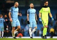 MANCHESTER, ENGLAND - JANUARY 21: Nicolas Otamendi of Manchester City (C) walks off dejected after the Premier League match between Manchester City and Tottenham Hotspur at the Etihad Stadium on January 21, 2017 in Manchester, England. (Photo by Alex Livesey/Getty Images)