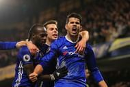 LONDON, ENGLAND - JANUARY 22: Diego Costa (R) of Chelsea celebrates scoring the opening goal with his team mates during the Premier League match between Chelsea and Hull City at Stamford Bridge on January 22, 2017 in London, England. (Photo by Richard Heathcote/Getty Images)