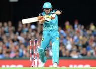 BRISBANE, AUSTRALIA - JANUARY 25: Brendon McCullum of the Heat hits the ball over the boundary for a six during the Big Bash League semi final match between the Brisbane Heat and the Sydney Sixers at the The Gabba on January 25, 2017 in Brisbane, Australia. (Photo by Bradley Kanaris/Getty Images)