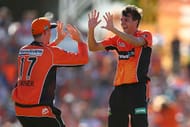 PERTH, AUSTRALIA - JANUARY 28: Ashton Turner and Jhye Richardson of the Scorchers celebrate the wickt of Jordan Silk of the Sixers during the Big Bash League match between the Perth Scorchers and the Sydney Sixers at WACA on January 28, 2017 in Perth, Australia. (Photo by Paul Kane/Getty Images)