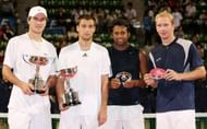 TOKYO - OCTOBER 05: (L to R) Mischa Zverev of Germany, Mikhail Youzhny of Russia, Leander Paes of India and Lukas Dlouhy of the Czech Republic pose for photographs after playing in the men's doubles final match on day seven of the AIG Japan Open Tennis Championship 2008 at Ariake Colosseum on October 5, 2008 in Tokyo, Japan. Youzhny and Zverev defeated Dlouhy and Paes by 6-3, 6-4. (Photo by Junko Kimura/Getty Images)