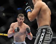 PORTLAND, OR - AUGUST 29: UFC fighter Nate Marquardt (L) battles UFC fighter Demian Maia (R) during their Middleweight bout at UFC 102: Couture vs. Nogueira at the Rose Garden Arena on August 29, 2009 in Portland, Oregon. (Photo by Jon Kopaloff/Getty Images)