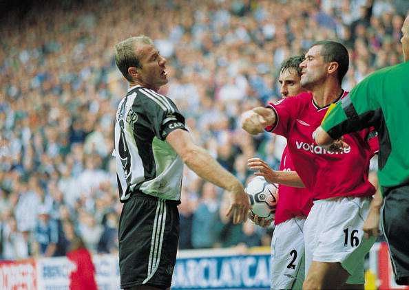 15 Sep 2001:  Man Utd Captain Roy Keane takes a swing at Newcastle captain Alan Shearer during the FA Barclaycard Premiership match between Newcastle United and Manchester United played at St. James Park in Newcastle, England.  Newcastle won the match 4- 3. \ Mandatory Credit: Gary M Prior /Allsport