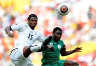 LUANDA, ANGOLA - JANUARY 28: Isaac Vorsah of Ghana and Obafemi Martins (R) of Nigeria compete for the ball during the Africa Cup of Nations semi final match between Ghana and Nigeria from the November 11 Stadium on January 28, 2010 in Luanda, Angola. (Photo by Lefty Shivambu/Gallo Images/Getty Images)