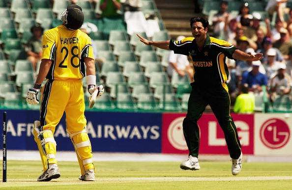 JOHANNESBURG - FEBRUARY 11:  Matthew Hayden of Australia is bowled by Wasim Akram of Pakistan during the ICC Cricket World Cup 2003 Pool A match between Australia and Pakistan held on February 11, 2003 at The Wanderers, in Johannesburg, South Africa. Australia won the match by 82 runs. (Photo by Stu Forster/Getty Images)