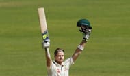 Cricket - India v Australia - First Test cricket match - Maharashtra Cricket Association Stadium, Pune, India - 25/02/17. Australia's captain Steve Smith celebrates his century. REUTERS/Danish Siddiqui
