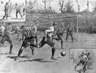 1901: Illustrations of some of the most exciting moments from the FA Cup final match between Sheffield United and non league Tottenham Hotspur at Crystal Palace. The final result was a 2-2 draw. The replay will be held at Burnden Park. (Photo by Hulton Archive/Getty Images)