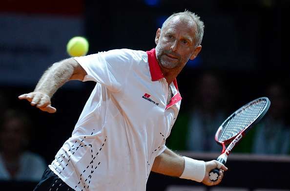 STUTTGART, GERMANY - APRIL 20: Thomas Muster of Austria in action during his Berenberg Classic match against Andre Agassi of the USA on day one of the Porsche Tennis Grand Prix at Porsche-Arena on April 20, 2015 in Stuttgart, Germany. (Photo by Daniel Kopatsch/Getty Images)